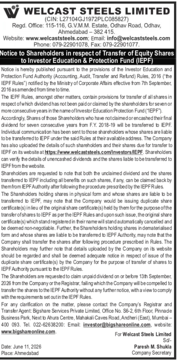 Notice to Shareholders – Transfer of Shares to IEPF (Welcast Steels Limited)