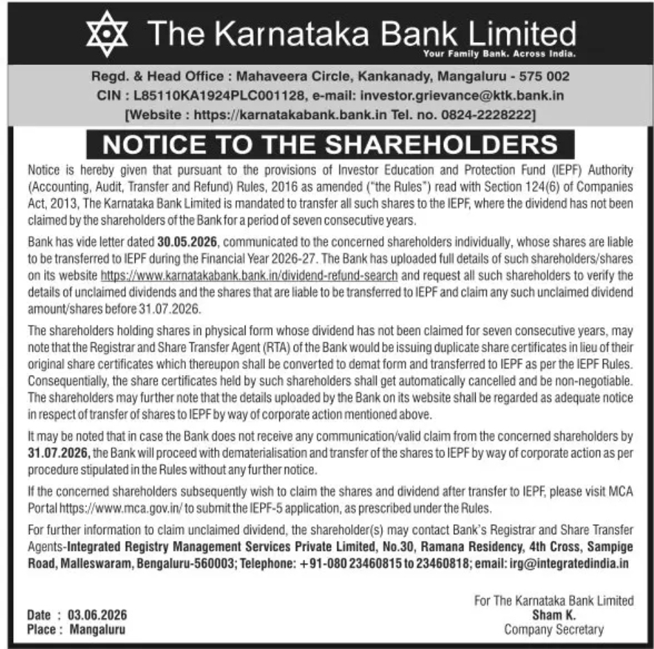 Notice to Shareholders – Transfer of Unclaimed Shares to IEPF