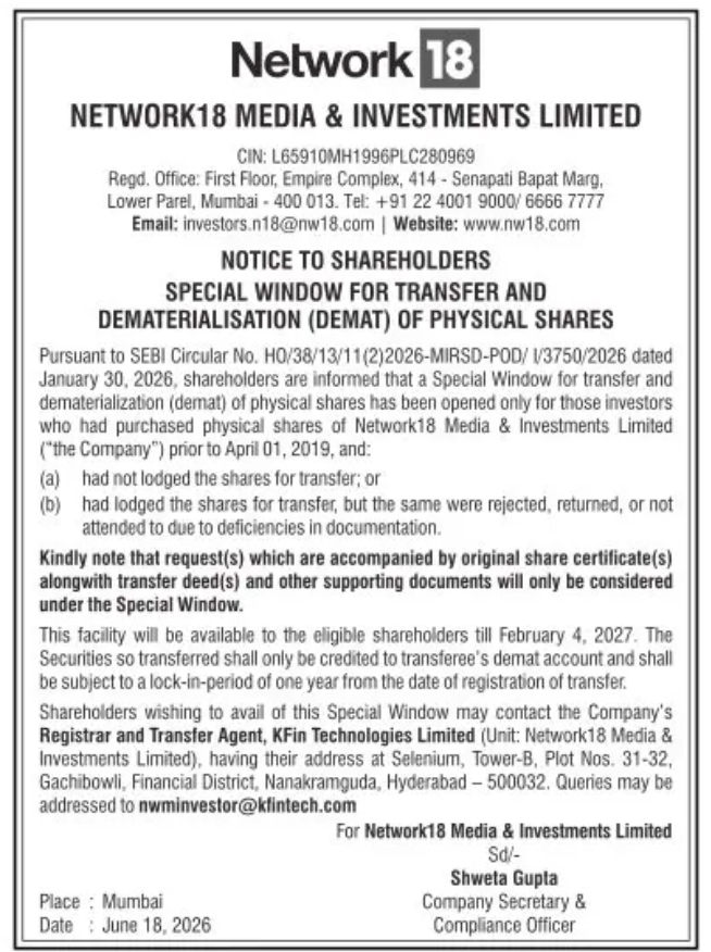 Notice to Shareholders- Network18 Media & Investments Limited
