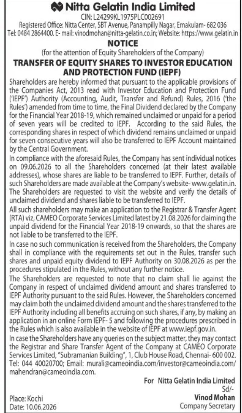 Notice – Transfer of Equity Shares and Unclaimed Dividend to Investor Education and Protection Fund (IEPF)