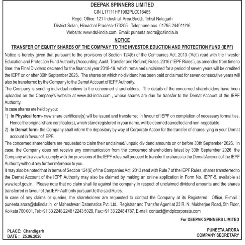 NOTICE – TRANSFER OF EQUITY SHARES TO INVESTOR EDUCATION AND PROTECTION FUND (IEPF)