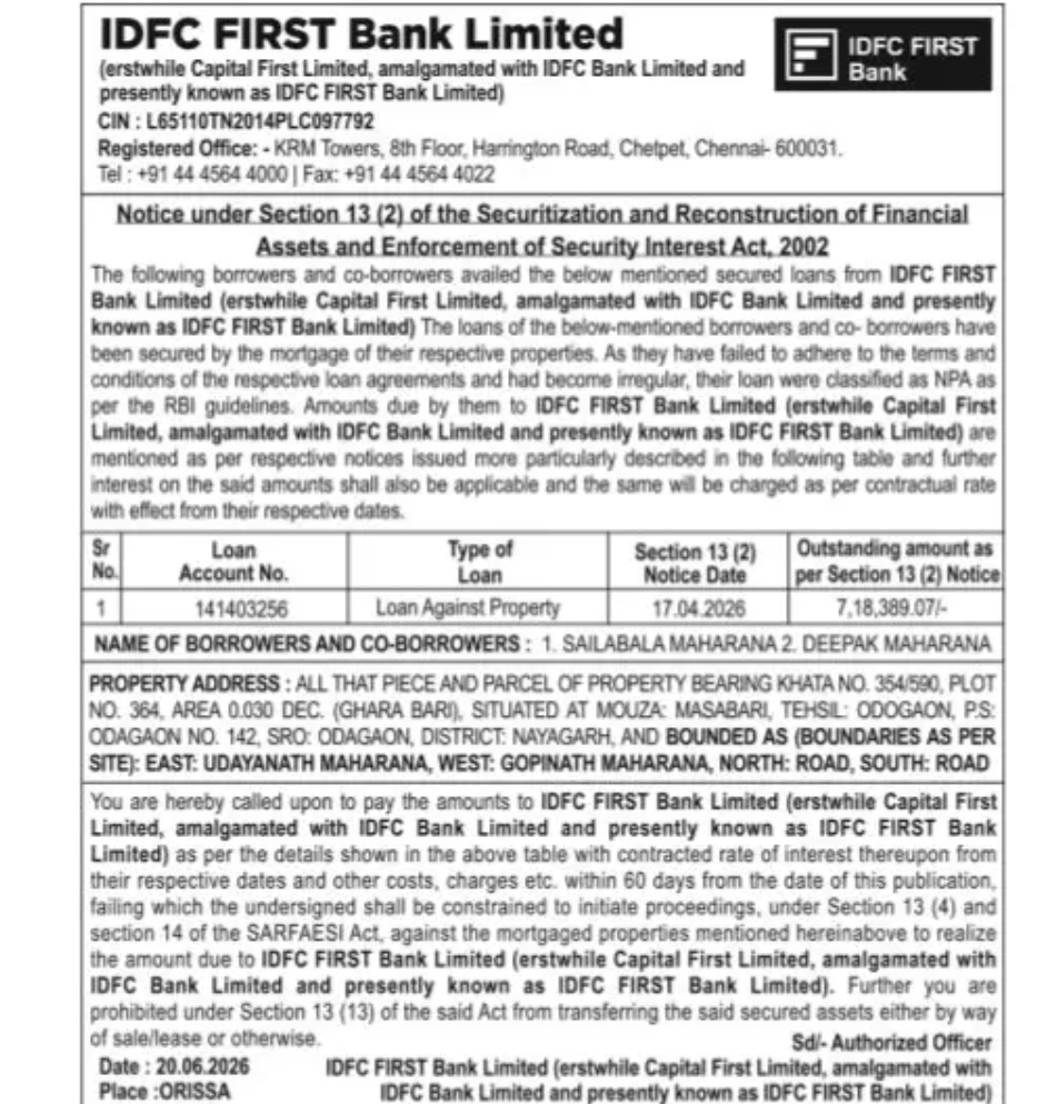 NOTICE UNDER SECTION 13(2) OF SARFAESI ACT, 2002