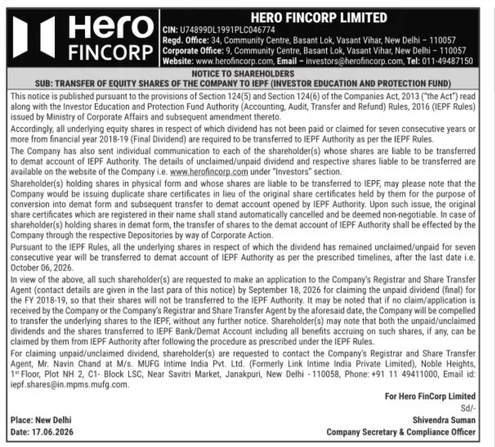 NOTICE= Hero FinCorp Limited