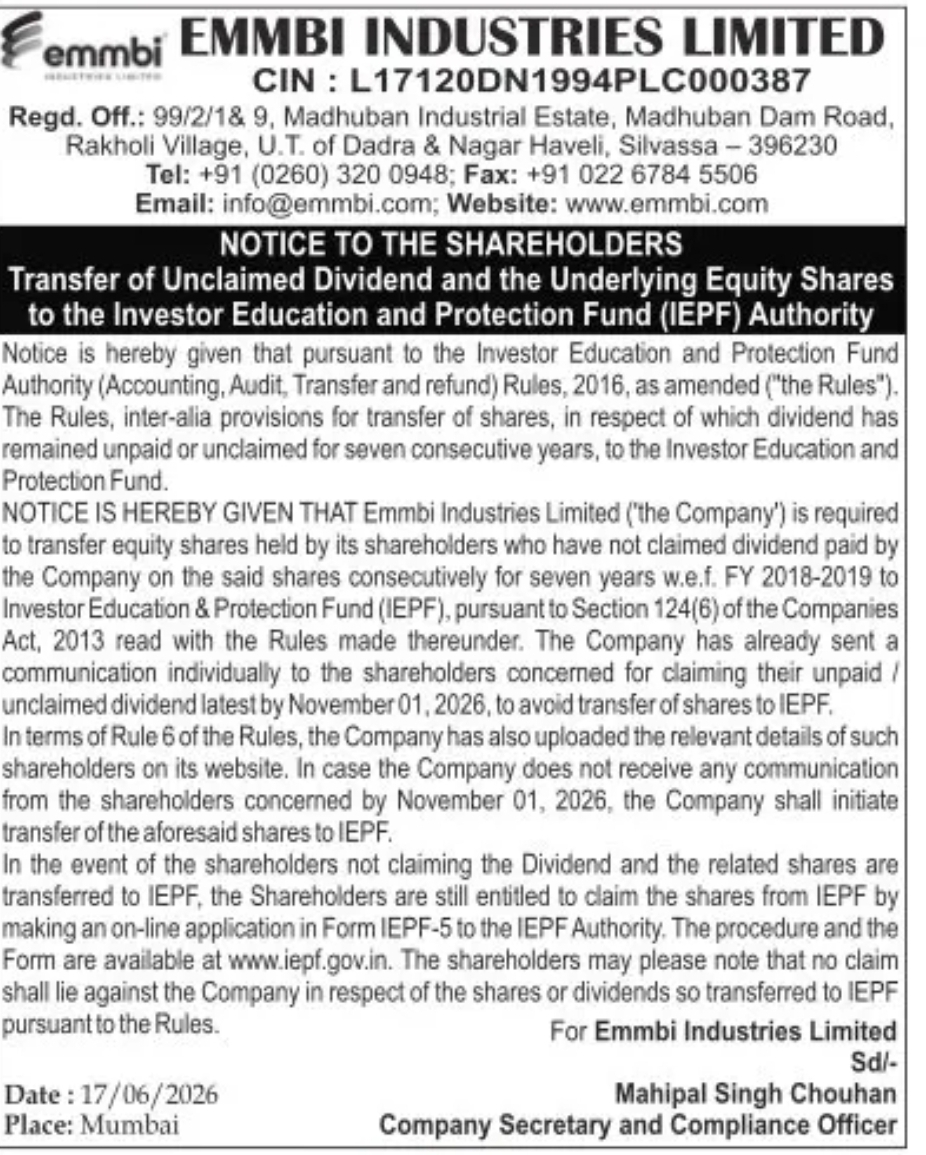 NOTICE to Shareholders - Emmbi Industries Limited