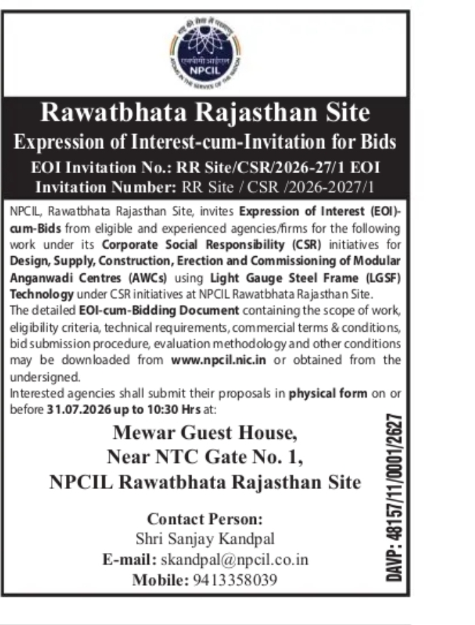 NPCIL Invites EOI-cum-Bids for Modular Anganwadi Centres at Rawatbhata, Rajasthan