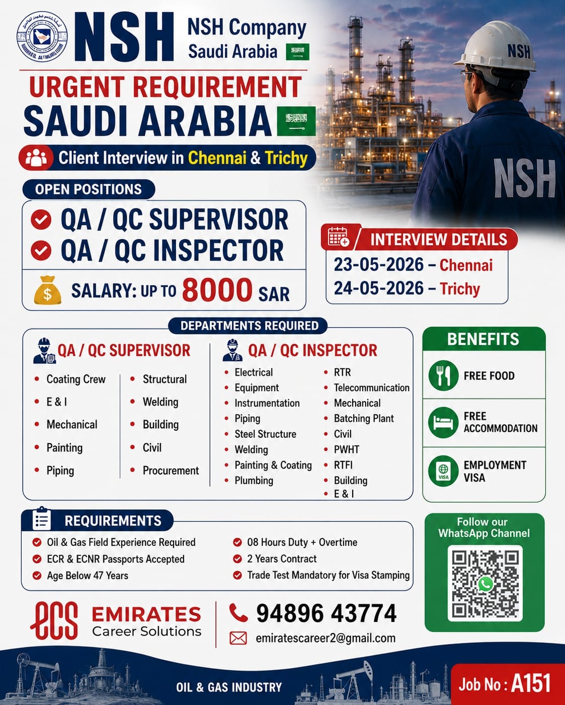 NSH Company Saudi Arabia Urgent Hiring QA/QC Supervisor and QA/QC Inspector Client Interview Chennai and Trichy