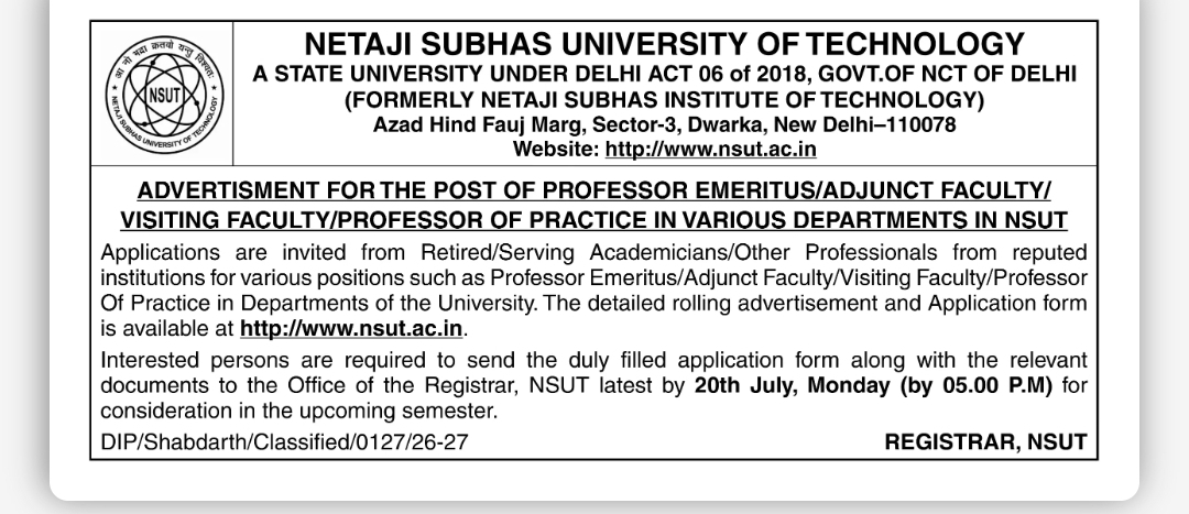 NSUT Faculty Recruitment 2026 | Professor Emeritus, Adjunct, Visiting Faculty & Professor of Practice