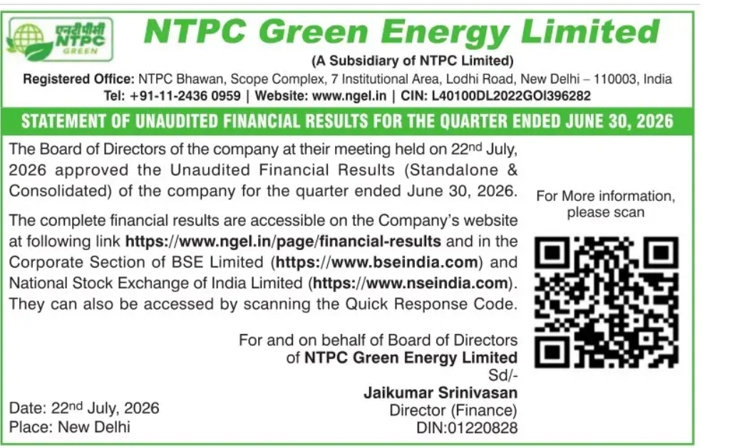 NTPC Green Energy Limited – Unaudited Financial Results for Quarter Ended June 30, 2026