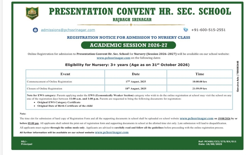 Nursery Admission Registration 2026-27 – Presentation Convent Hr. Sec. School, Srinagar