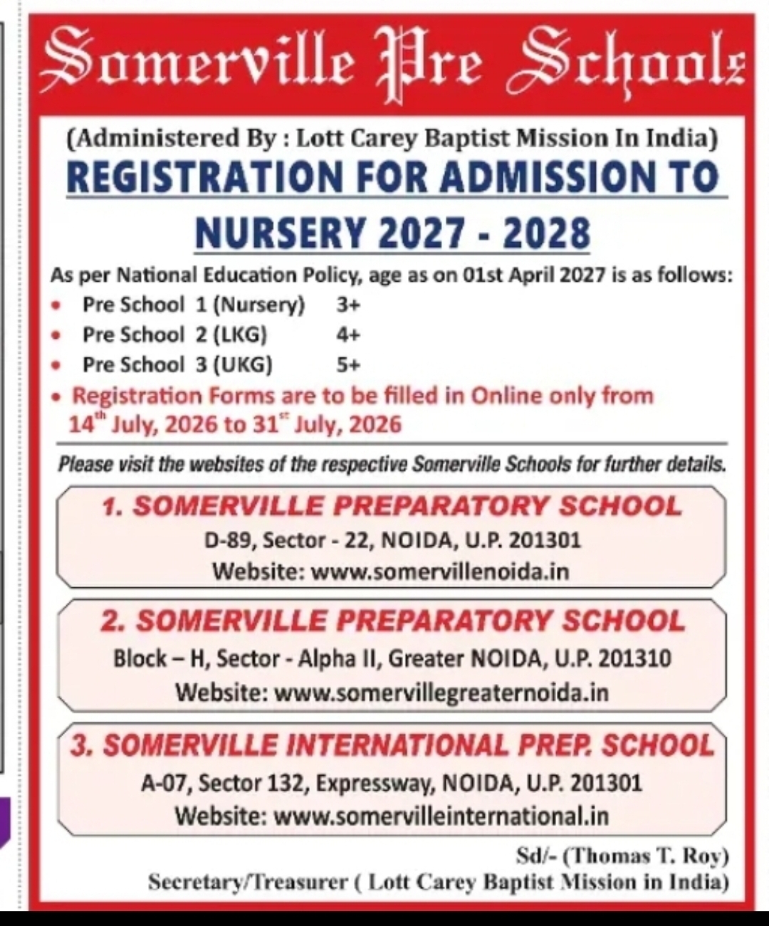 Nursery Admissions Open for Academic Session 2027-2028 at Somerville Schools