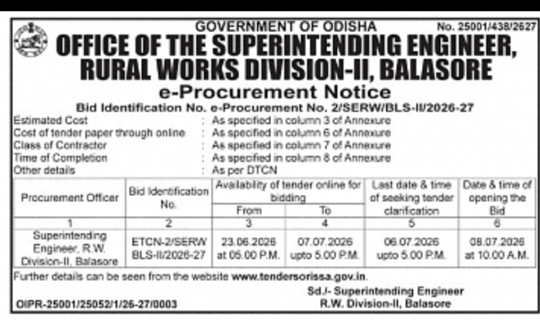 ODISHA: BALASORE RURAL WORKS DIVISION-II INVITES E-TENDERS