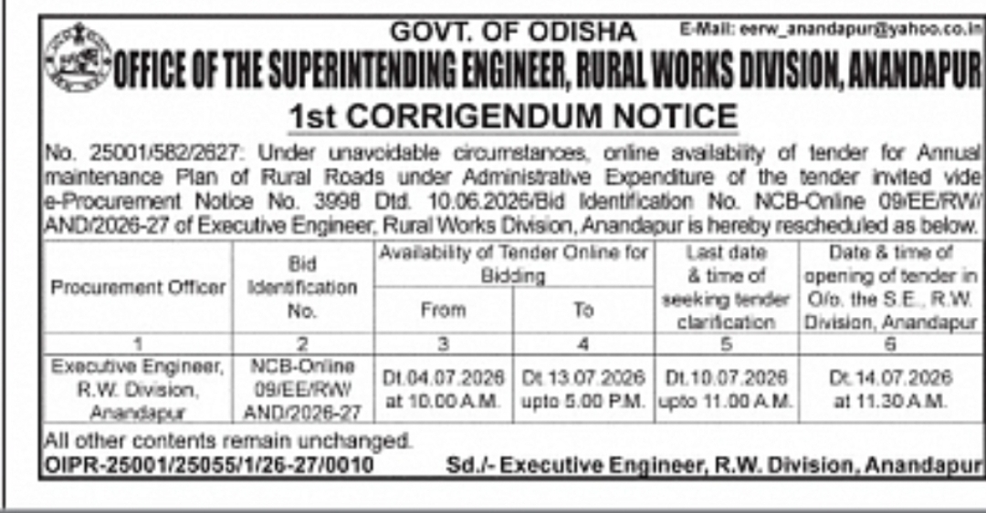 Odisha Corrigendum Notice