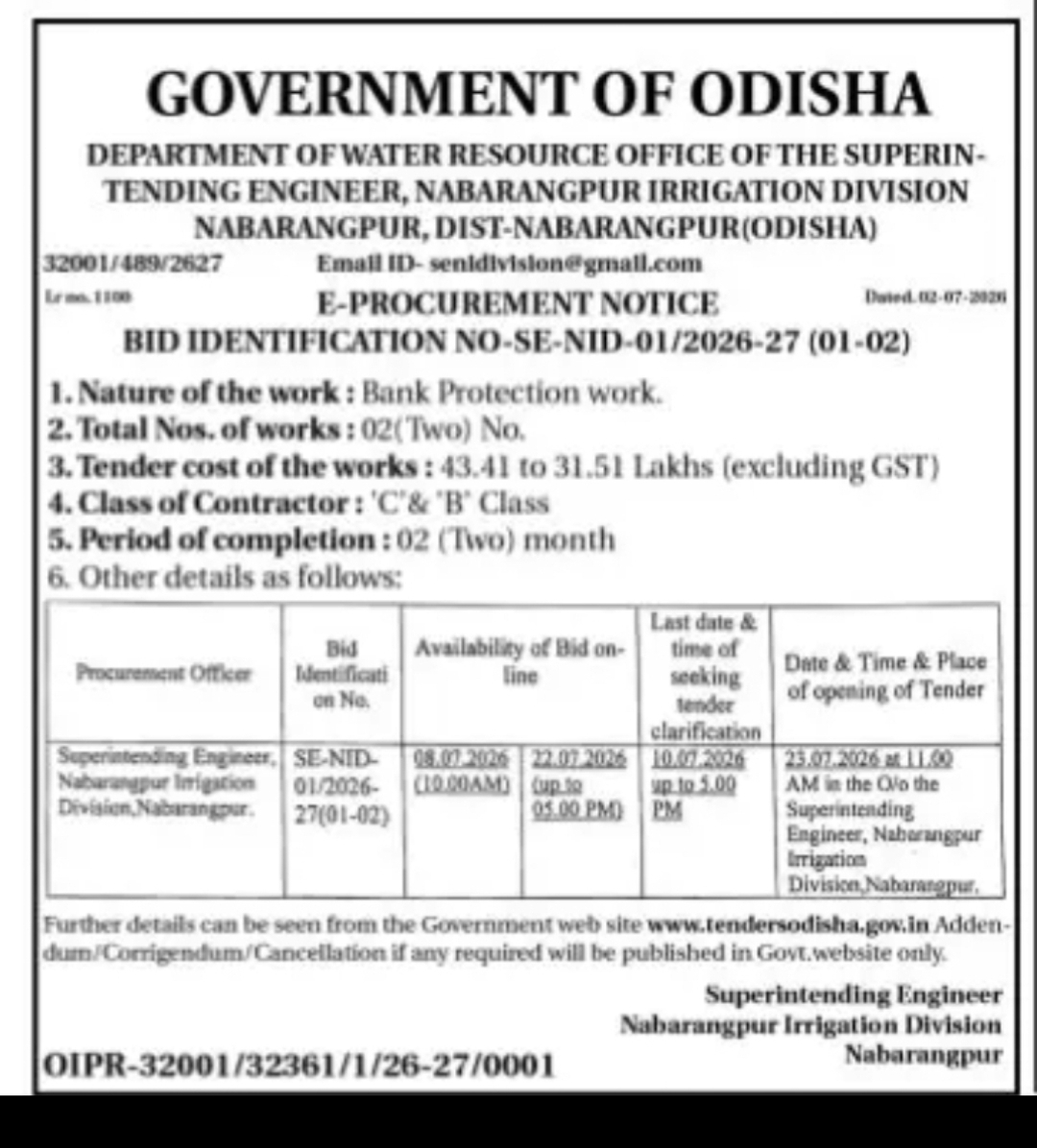 ODISHA E-PROCUREMENT NOTICE – BANK PROTECTION WORKS (NABARANGPUR IRRIGATION DIVISION)