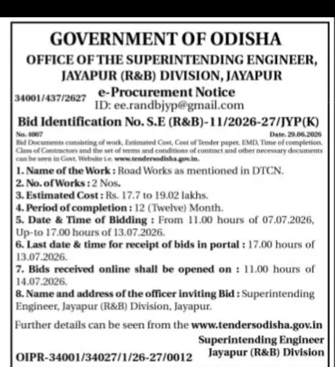 ODISHA E-TENDER NOTICE – ROAD WORKS (JAYAPUR R&B DIVISION)