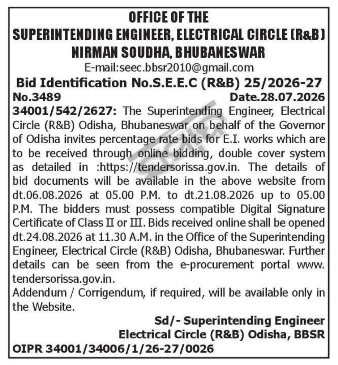 Odisha Electrical Circle (R&B), Bhubaneswar Invites Online Bids for Electrical Installation Works – Tender Notice 2026-27