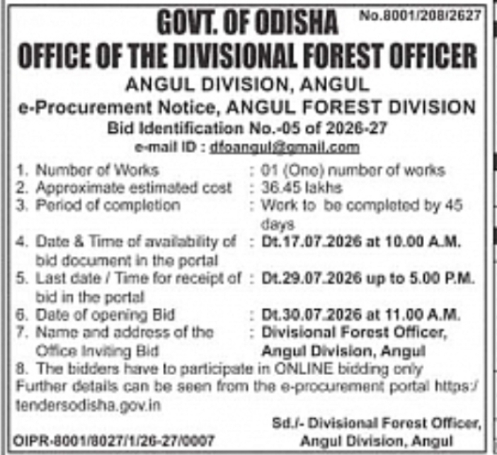 Odisha Forest Department e-Tender Notice – Angul Forest Division