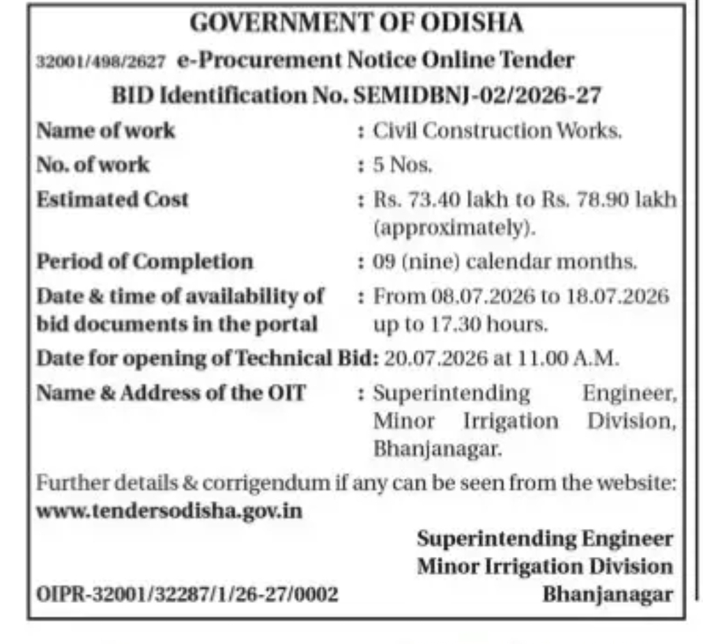 Odisha Government e-Procurement Notice for Civil Construction Works – Minor Irrigation Division, Bhanjanagar