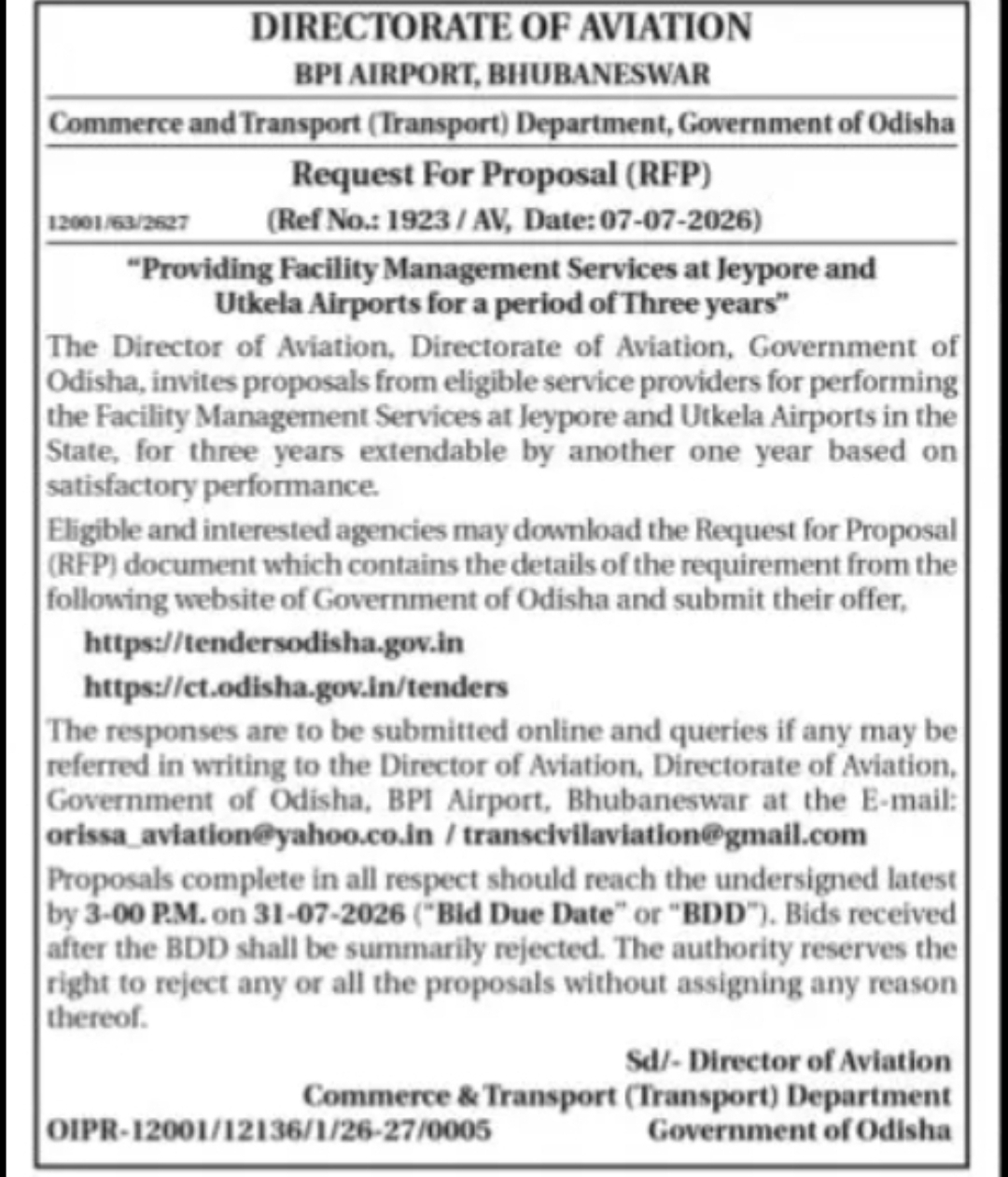 Odisha Government RFP – Facility Management Services at Jeypore & Utkela Airports