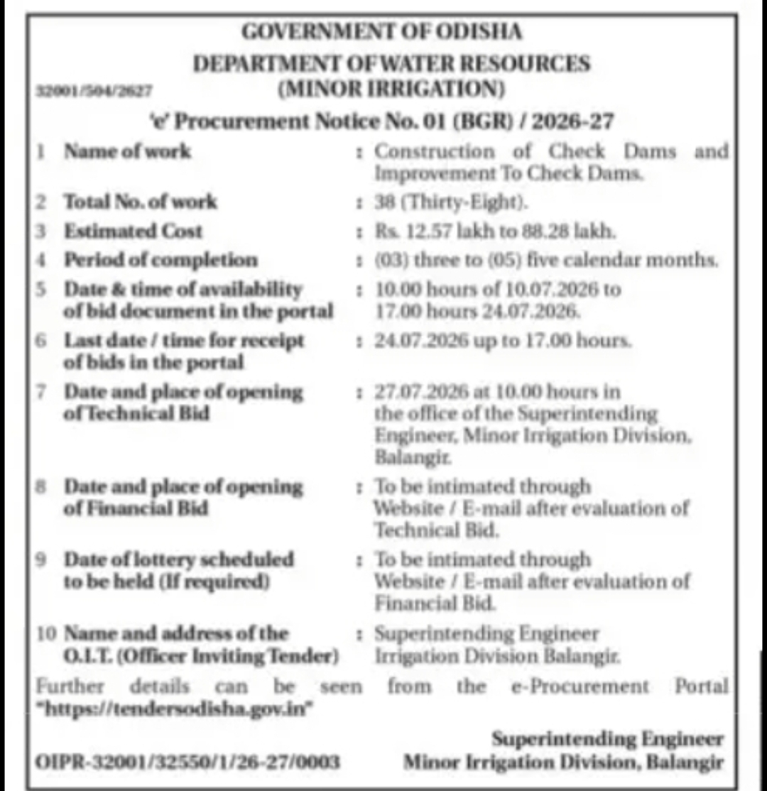 Odisha Government Tender – Construction & Improvement of 38 Check Dams