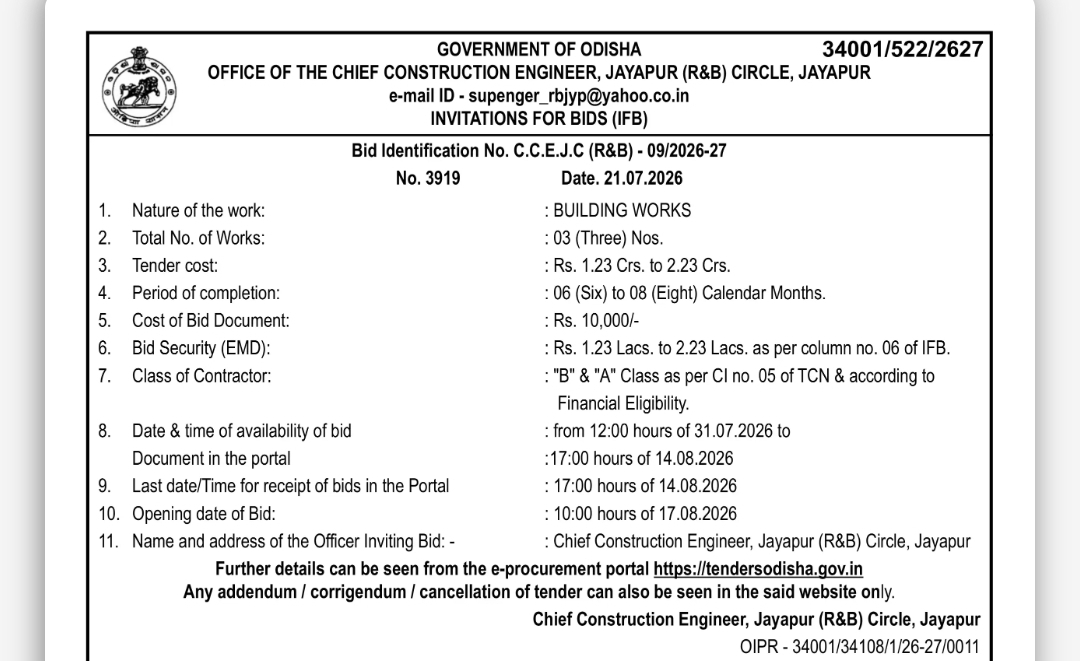 Odisha Government Tender Notice – Building Works (Jayapur R&B Circle)