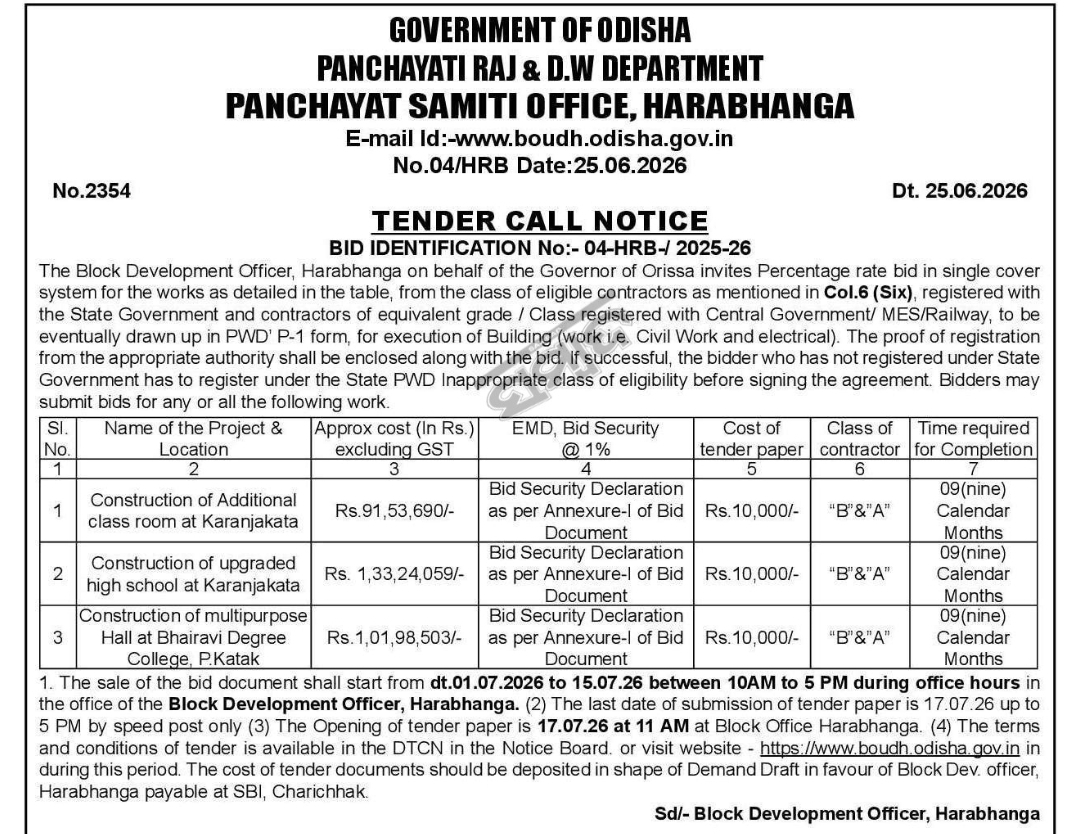 Odisha Government Tender Notice – Civil Works at Harabhanga, Boudh District