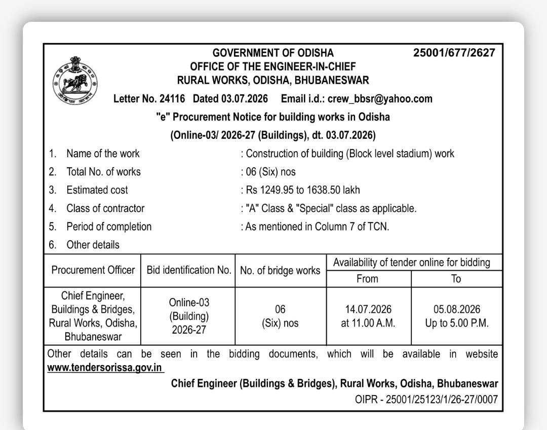 Odisha Government Tender Notice – Construction of Block Level Stadium Buildings