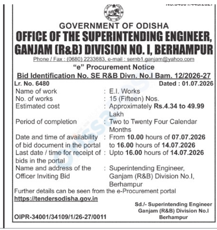 Odisha Government Tender Notice – E.I. Works at Ganjam (R&B) Division No. I, Berhampur