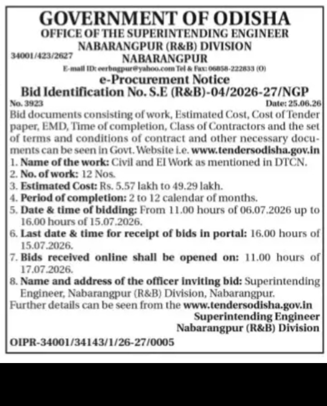 Odisha Government Tender Notice – Nabarangpur (R&B) Division | 12 Civil & Electrical Works
