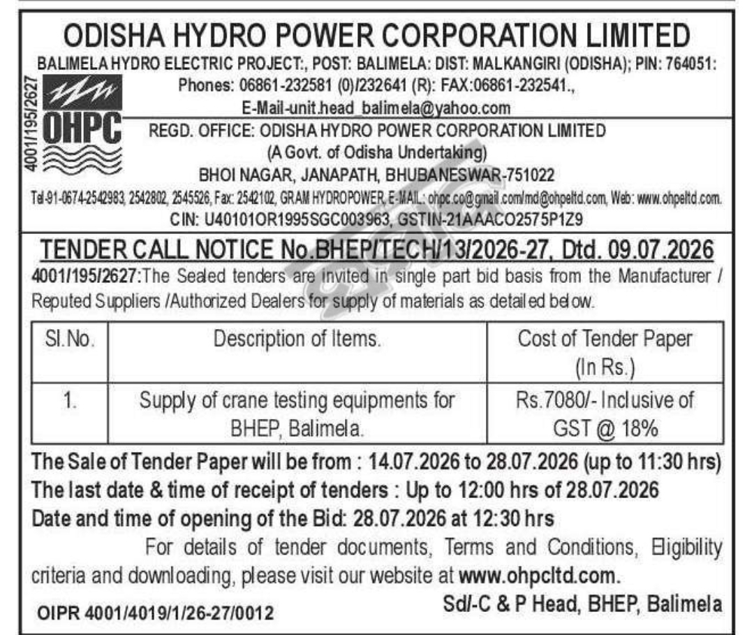 Odisha Hydro Power Corporation Ltd. Invites Tender for Supply of Crane Testing Equipment