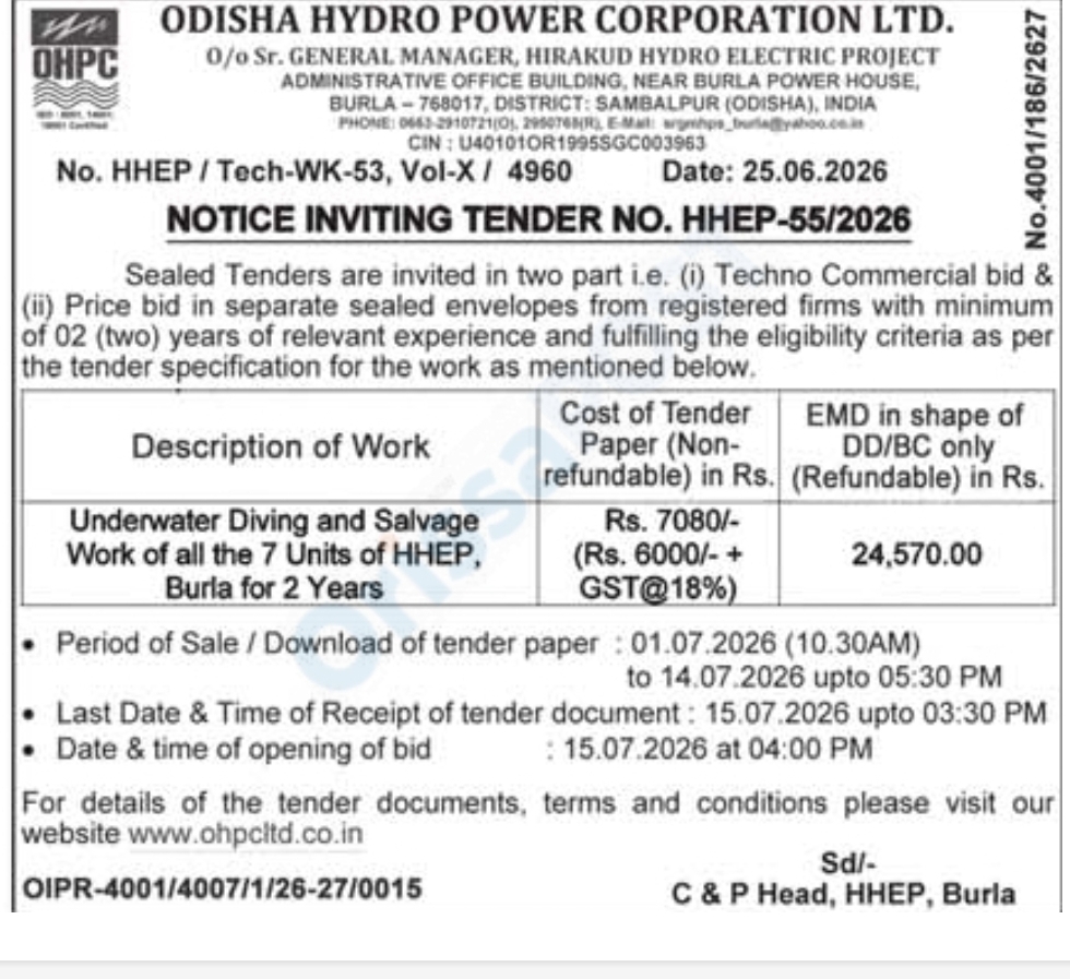 Odisha Hydro Power Corporation Ltd. Tender Notice – Underwater Diving & Salvage Work