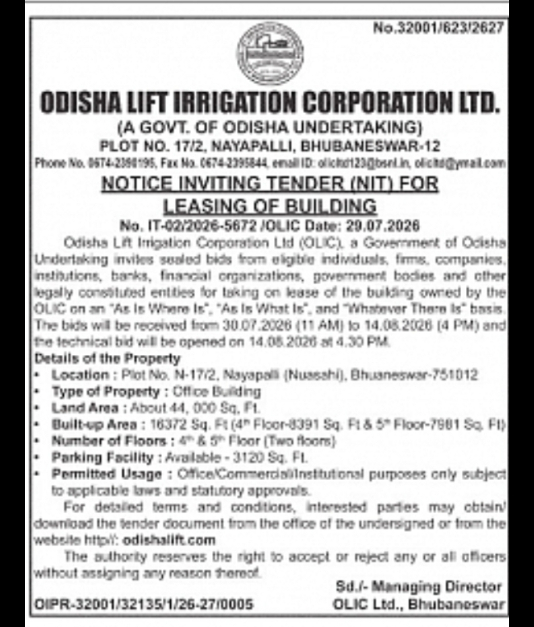 Odisha Lift Irrigation Corporation Ltd. – Notice Inviting Tender for Leasing of Office Building, Bhubaneswar