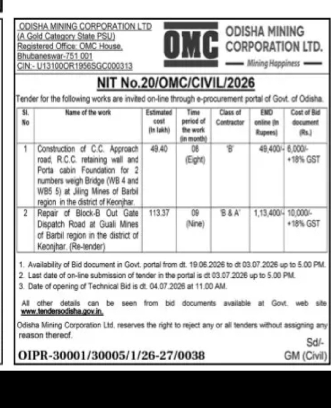 Odisha Mining Corporation Limited Tender Notice