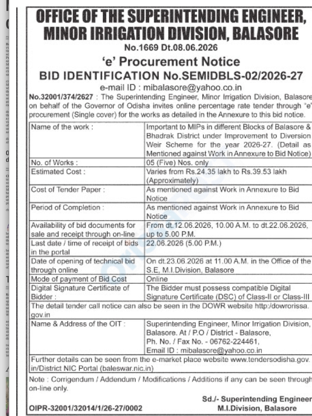 Odisha Minor Irrigation Department e-Procurement Notice 2026-27