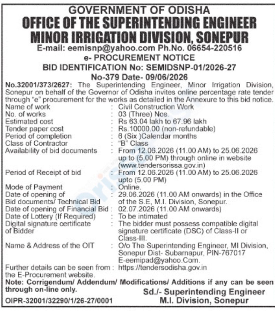 Odisha Minor Irrigation Division Sonepur e-Tender Notice | Bid ID: SEMIDSNP-01/2026-27