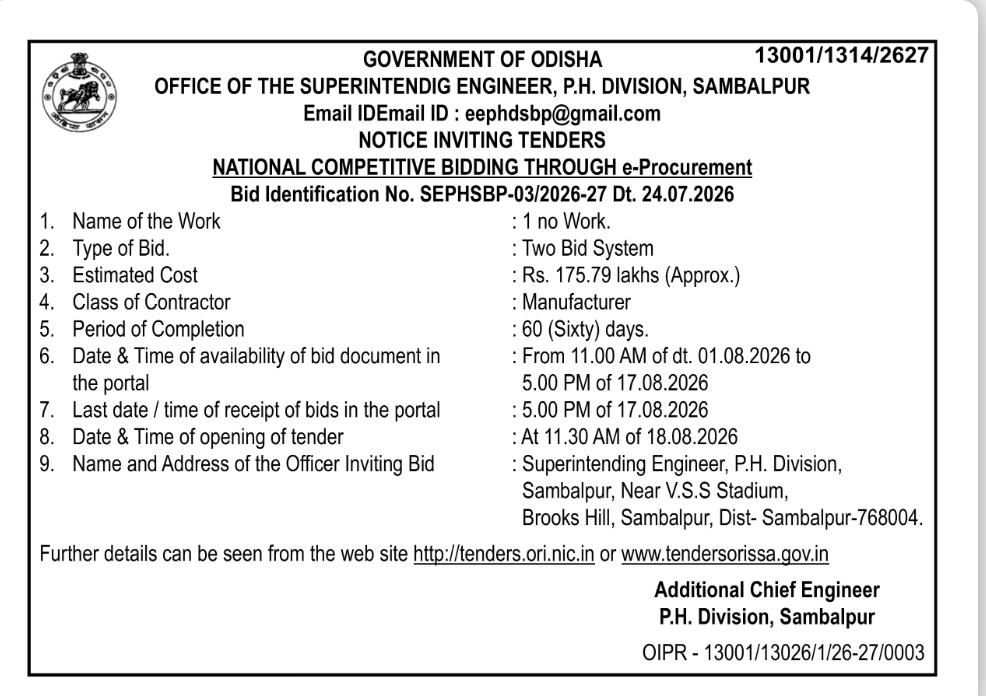Odisha PH Division Sambalpur Tender Notice – Bid Identification No. SEPHSBP-03/2026-27