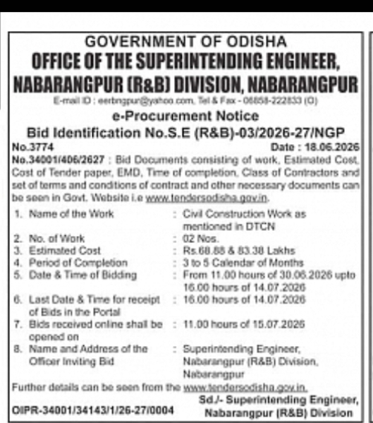 Odisha R&B Division Nabarangpur Invites e-Tenders for CMI Construction Works