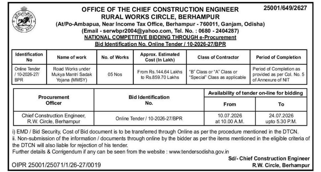 Odisha Rural Works Circle Berhampur Invites Tender for Road Works Under MMSY
