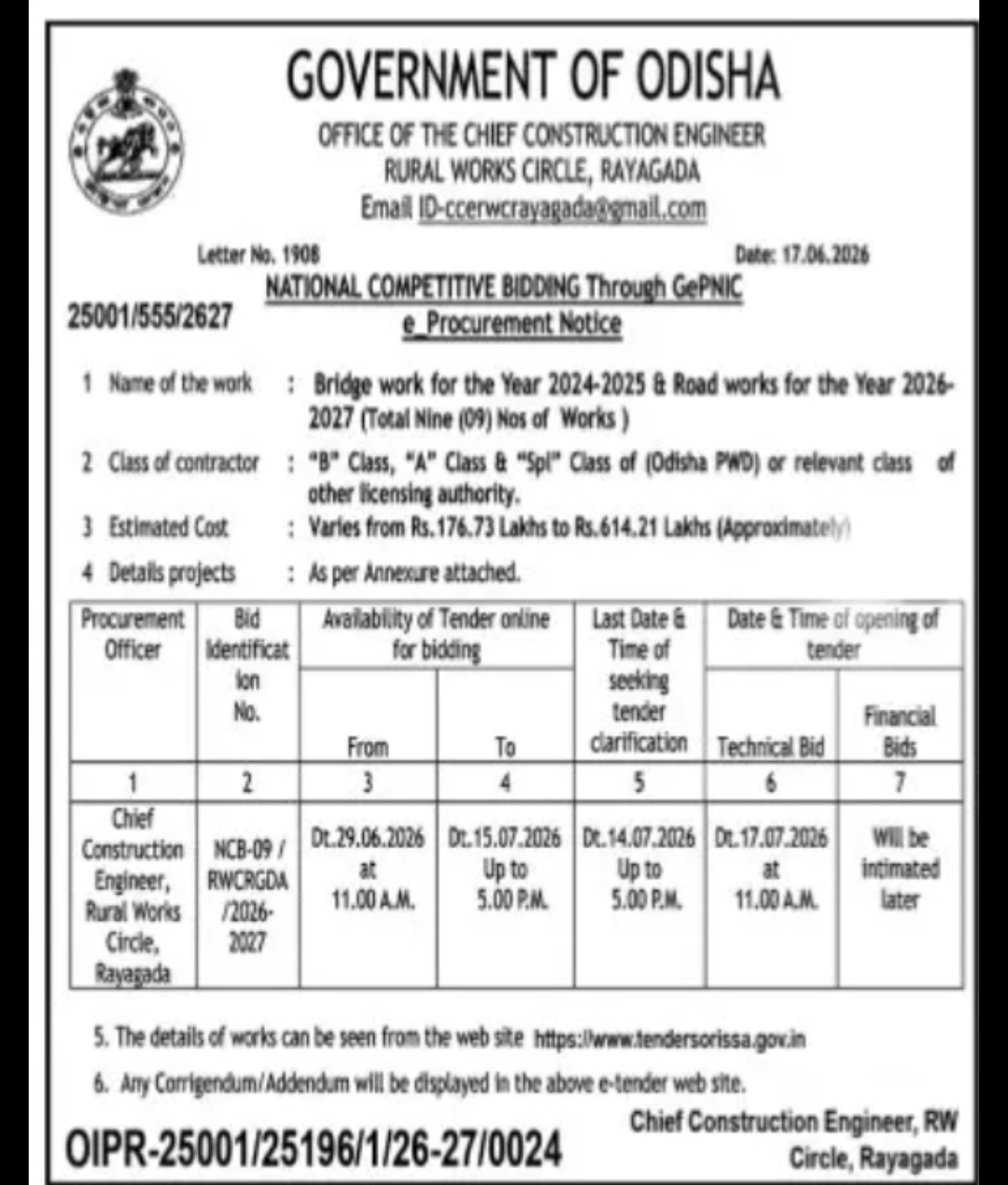 Odisha Rural Works Circle, Rayagada – Road & Bridge Works Tender