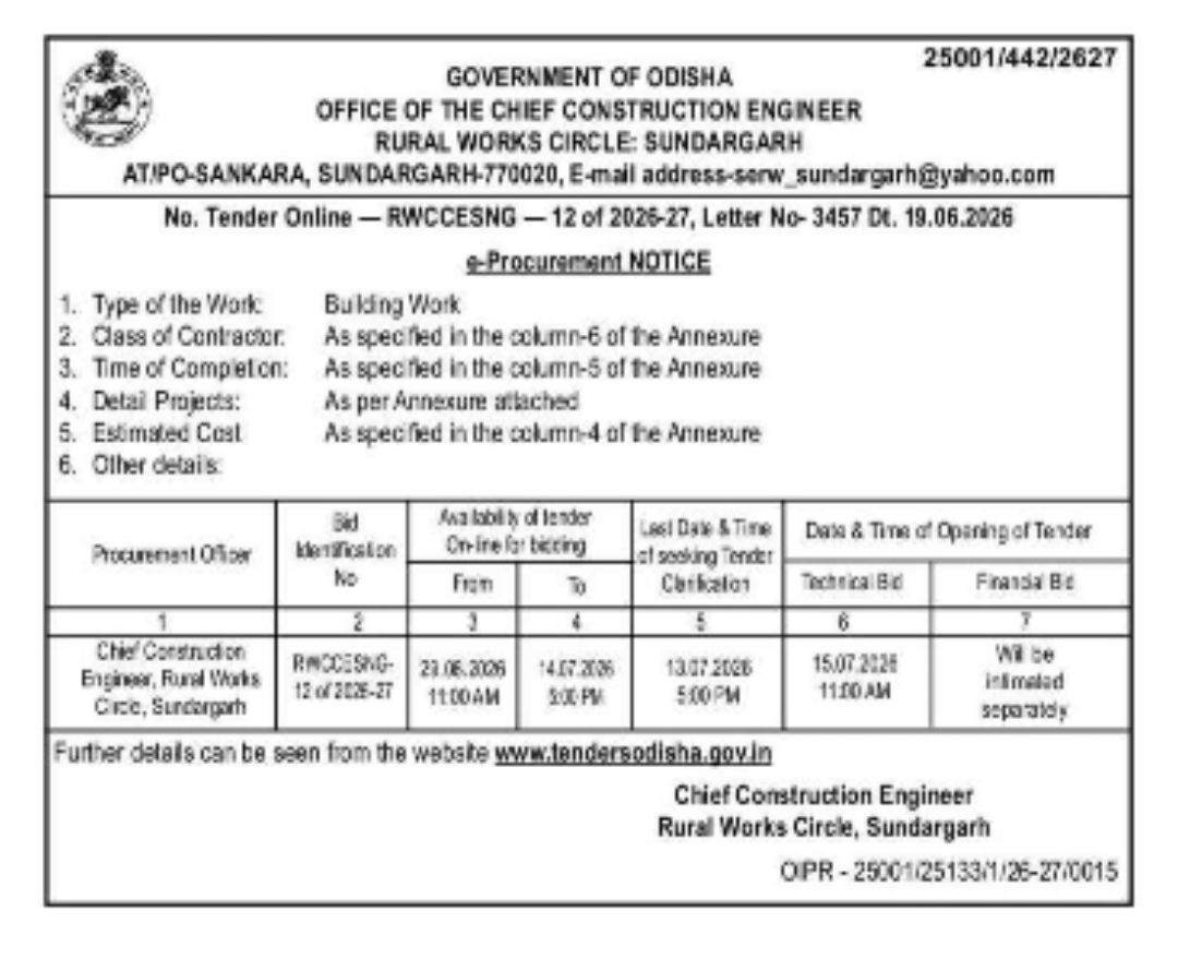 Odisha Rural Works Circle Sundargarh Invites Online Bids for Building Construction Works