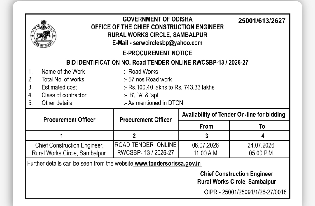 Odisha Rural Works Department E-Procurement Notice – 57 Road Works