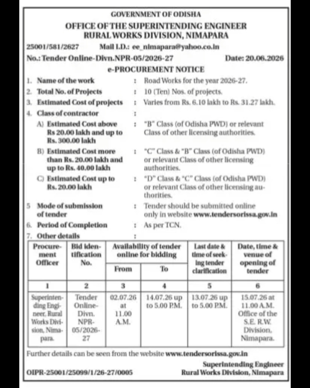Odisha Rural Works Division e-Procurement Notice