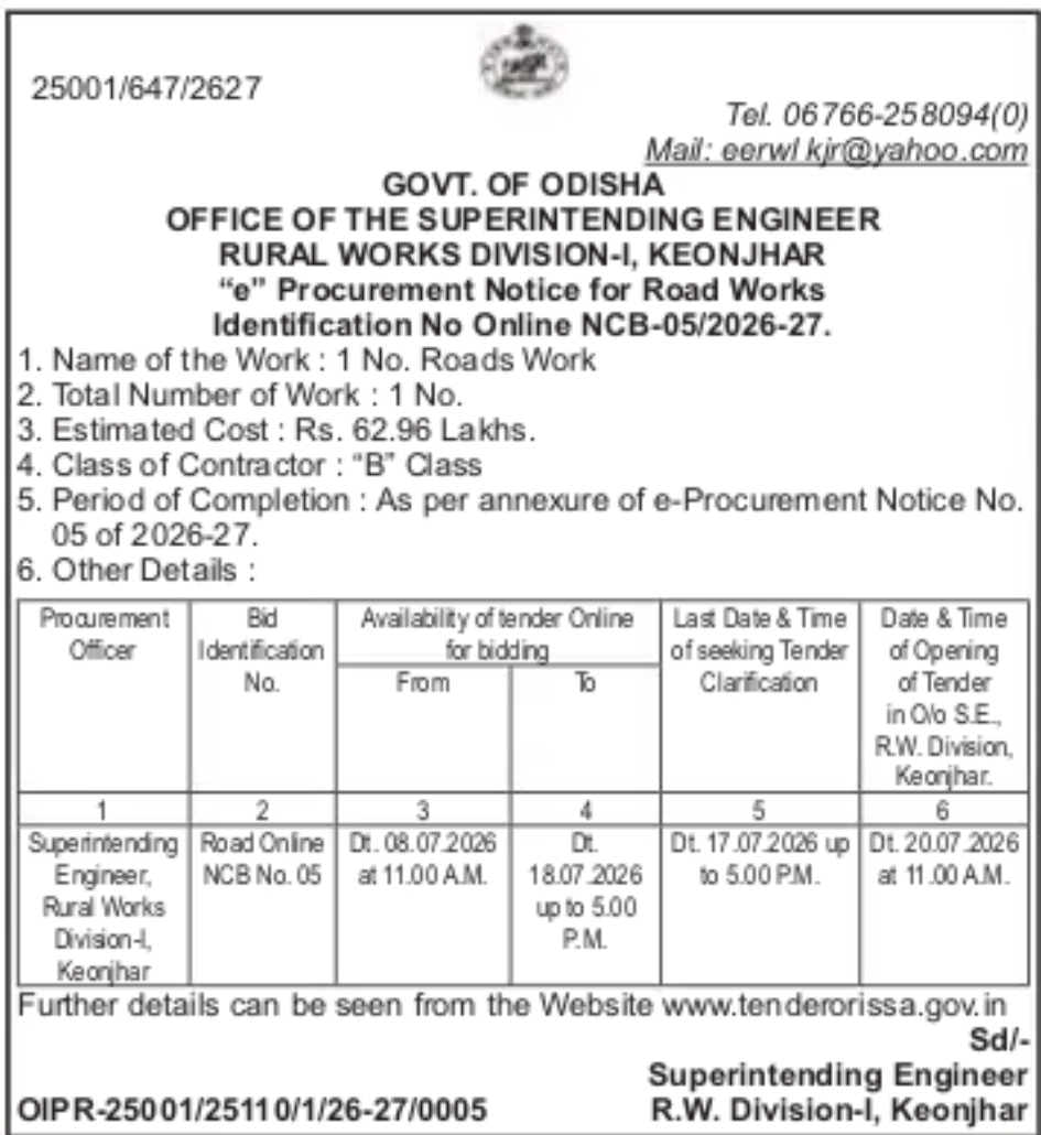 Odisha Rural Works Division-I Keonjhar Invites e-Tender for Road Work