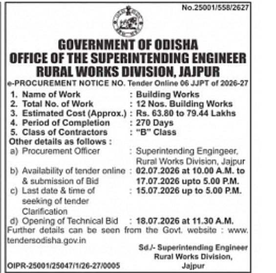 Odisha Rural Works Division Jajpur Invites e-Tenders for 12 Building Works