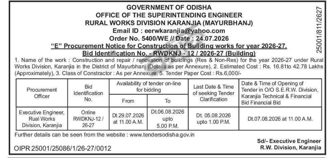 Odisha Rural Works Division Karanjia Invites e-Tenders for Building Construction and Renovation Works 2026-27
