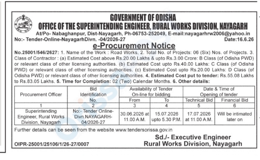 Odisha Rural Works Division Nayagarh e-Procurement Notice – Road Works Tender 2026