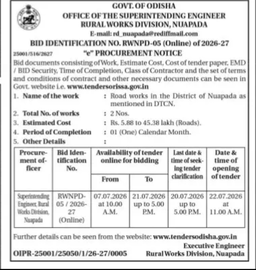 Odisha Rural Works Division, Nuapada Tender Notice