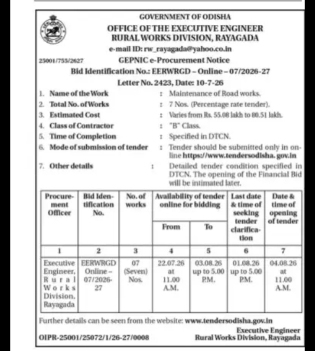 Odisha Rural Works Division Rayagada – Maintenance of Road Works Tender 2026-27