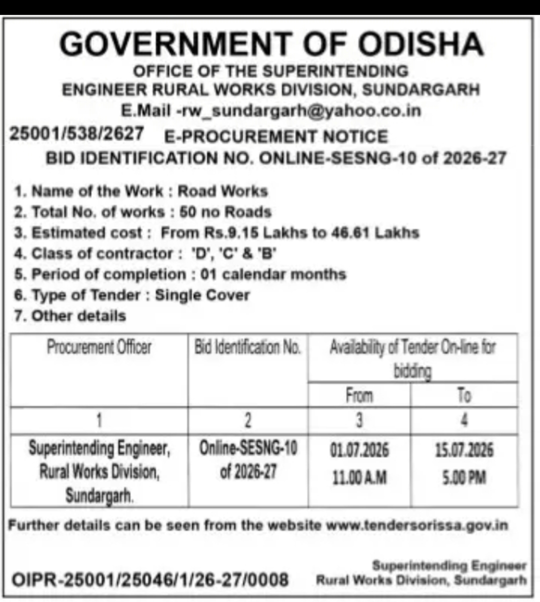 Odisha Rural Works Division, Sundargarh Invites e-Tenders for 50 Road Works