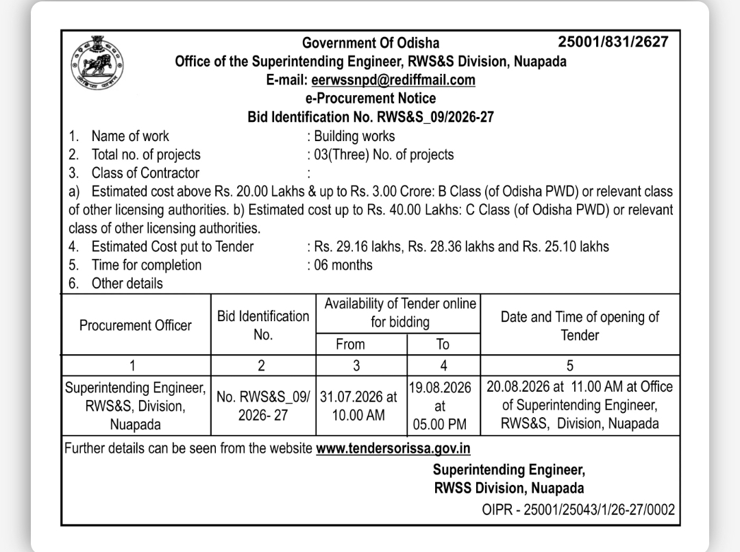Odisha RWS&S Division Nuapada e-Procurement Notice – Building Works (Bid Identification No. RWS&S_09/2026-27)