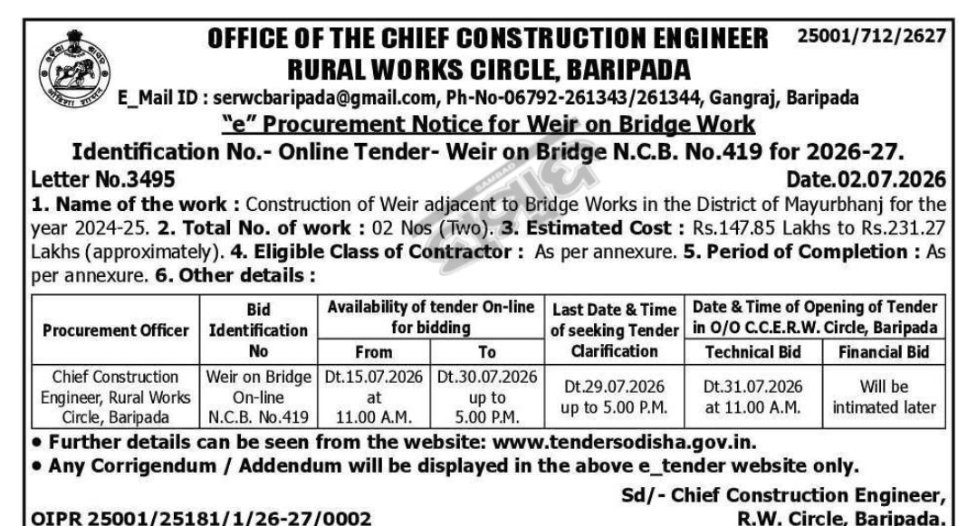 Odisha Tender Notice 2026: Construction of Weir Adjacent to Bridge Works in Mayurbhanj